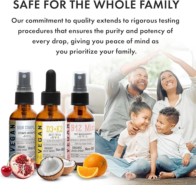 Energy &amp Vitality Bundle Liquid Vitamin Spray Trio - B12 Methylcobalamin Iron Bisglycinate and D3 (Lichen) &amp K2 (MK4 &amp MK7) Non-GMO Gluten Free Sugar-Free 2 Fl Oz (60 ml) 540 Days Su