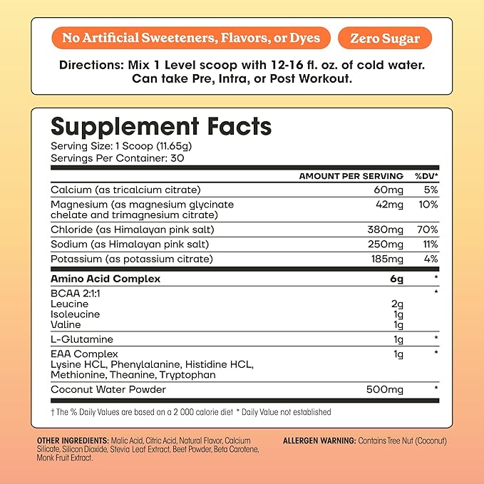 Fit&ampLean Amino Hydration Naturally Sweetened Workout Recovery Drink 6g Vegan Amino Acids Essential Amino Acids EAA BCAA Glutamine Electrolytes 30 Servings (30 Serve Peach Mango)