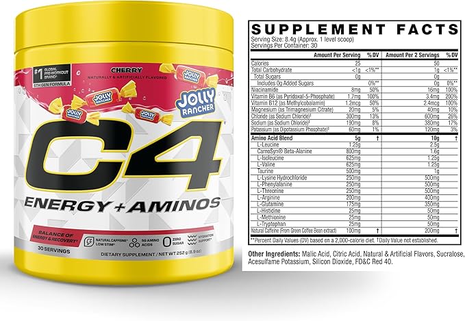 C4 Energy + Aminos Powder Jolly Rancher Cherry 5g BCAAs &amp EAAs for Muscle Recovery 3 Electrolytes for Hydration 100mg Natural Caffeine Pre Workout Zero Sugar 30 Servings