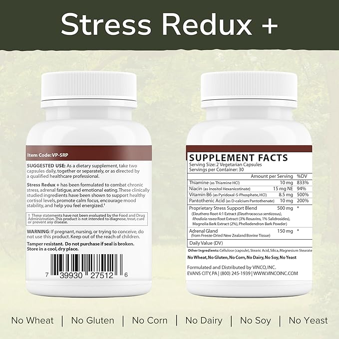 Vinco Inc - Stress Redux+ Advanced Adrenal &amp Cortisol Daily Supplement | (60 Capsules) | Reduce Stress &amp Fatigue | Supports Mood Balance Focus &amp Emotional Well-Being | Gluten Free