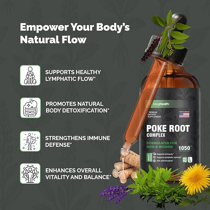 Poke Root Complex Drops 6-in-1 Tincture | 3rd Party Tested Immune &amp Lymphatic System Support Liquid | Cleavers Dandelion Elderberry Burdock &amp Blue Vervain | 2 oz (60 Servings)