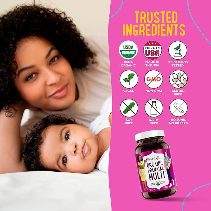 Mama Natural Organic Prenatal Vitamins for Women Vegan (30 Servings) | One A Day Prenatal Vitamins for Pregnant Women | Food Based Non-GMO &amp Gluten-Free - Pre Natal Multivitamin with Folate