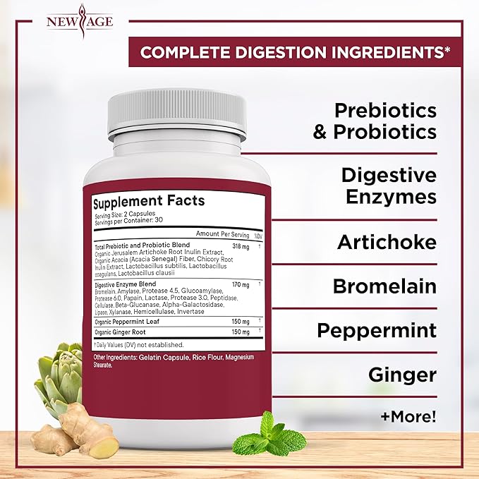 NEW AGE Digestive Enzymes for Gut Health - Probiotic Multi Enzymes with Prebiotics and Probiotics with Lipase for Women and Men for Digestive Health Daily Enzymes for Digestion - 120 Count