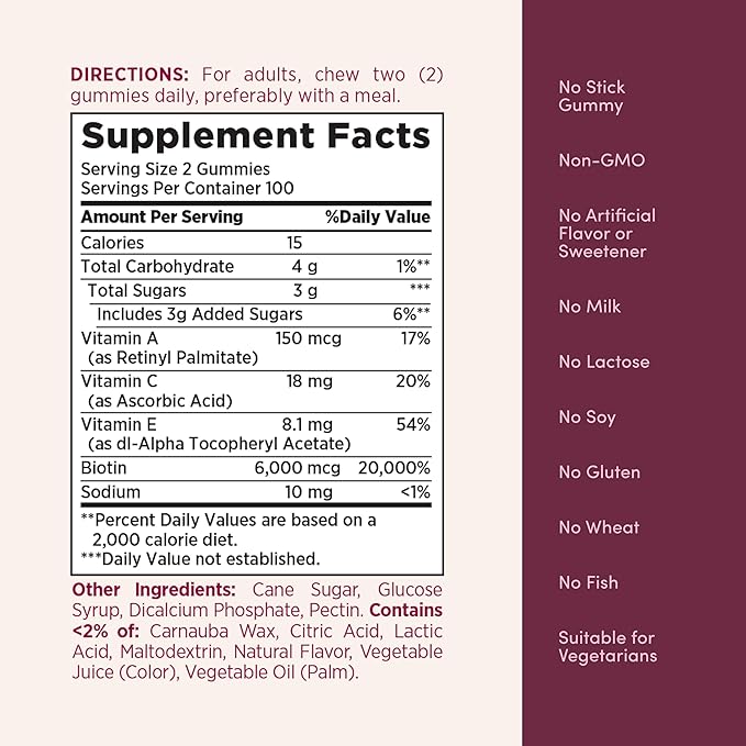 Nature’s Bounty Optimal Solutions Advanced Hair Skin and Nails Pectin Gummies 2x Biotin Per Serving No Stick Gummy Vegetarian Formula Strawberry Flavor 200 ct 100 Total Servings