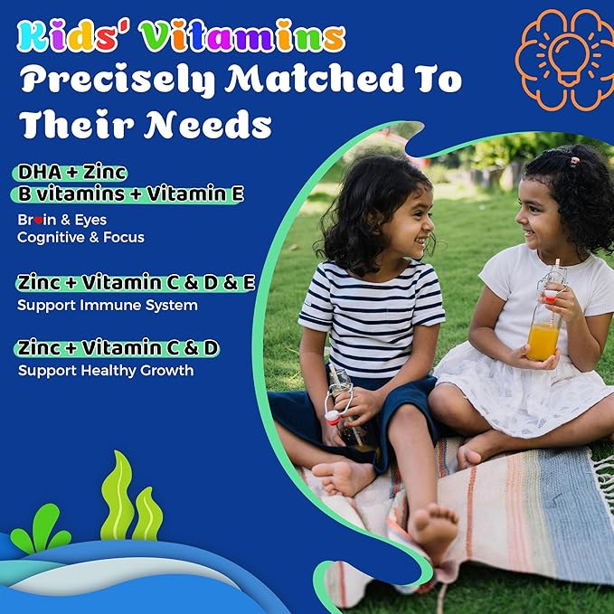 Kids Omega 3 Gummies Vegan Algae DHA &amp EPA Supplements for Children with Zinc and Multivitamin Improve Focus &amp Cognition* Eye &amp Immune Support No Fish Burps Sugar Free 90 Gummies