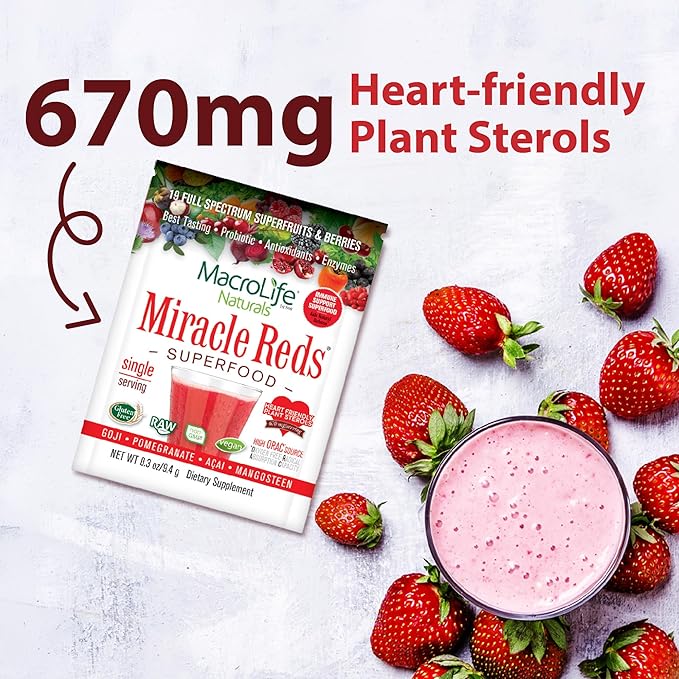 MacroLife Naturals Miracle Reds Superfood Powder 19 Blended Fruit &amp Berry Polyphenols Enzymes Probiotics &amp Antioxidants Supplement - Raw Non-GMO &amp Vegan Whole Food Vitamins - 12 Packet Ser