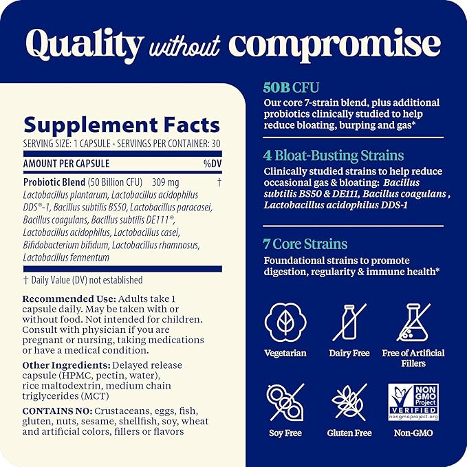 Enzymedica SubCulture Probiotic for Bloat &amp Digestive Health - Probiotic Supplement Capsules for Women &amp Men 50 Billion CFU Gut Health Support for Adults Helps Occasional Gas &amp Bloating