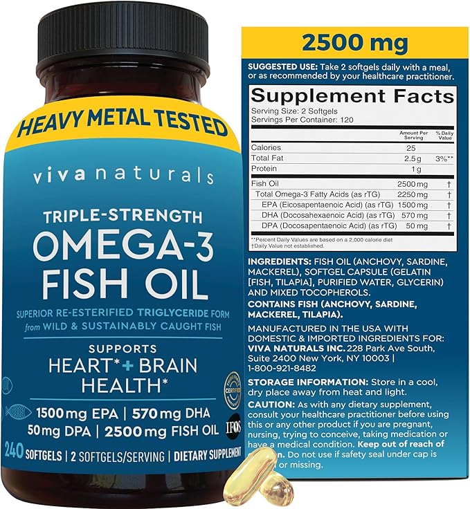 Viva Naturals Omega 3 Fish Oil Supplement for Women and Men - 2500 mg Triple Strength Fish Oil Pills with Re-Esterified Omega 3 Fatty Acids Including EPA DHA DPA - 240 Pescatarian-Friendly Softgels