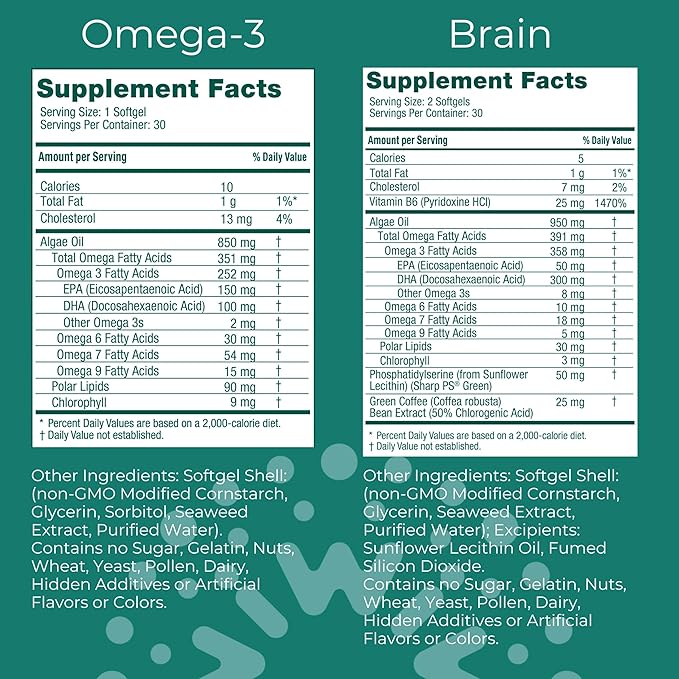 Iwi Omega-3 &amp Brain Omega-3 Bundle 30 Servings Vegan Plant-Based Algae Omega 3 with EPA + DHA Krill &amp Fish Oil Alternative No Fishy Aftertaste