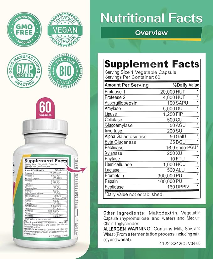 Vegan Digestive Enzymes Capsules for Digestive Health - Support Gut Health for Women and Men Super Enzymes Support Immunity and Alleviate Inflammation - Non-GMO 60 Capsules