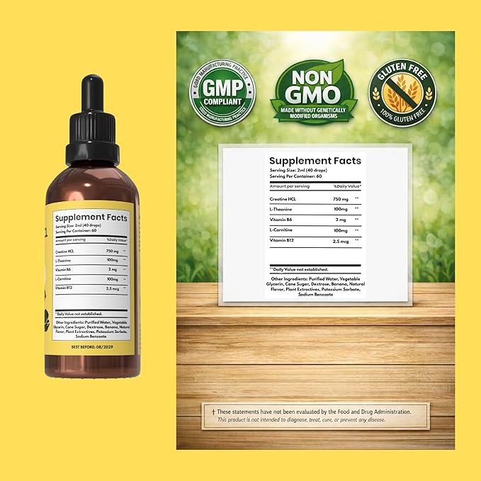 Creatine HCL Liquid Drops for Men &amp Women - 2 ml Per Serving L-Theanine Vitamin B12 &amp B6 L-Carnitine - High Absorption 4 Fl Oz (120ml) (4 FL OZ Banana Cream)