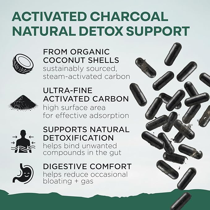 Wild Foods Activated Charcoal Capsules | 100% Organic Coconut Shells Active Tablets | Lab Tested &amp Non-GMO Detox Pills | USA (Three Bottles - 120 Capsules)