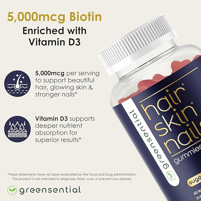 Sugar-Free Hair Skin &amp Nails Gummies - Complete Vitamin Complex w/Natural Ingredients - Fuller Hair Support - No Artificial Colors Natural Strawberry Flavor Made in USA 60 Ct