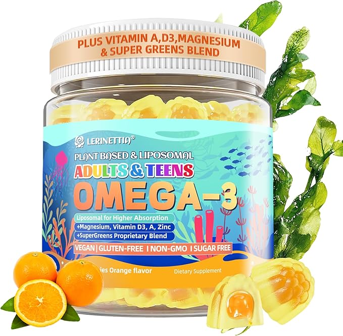 Vegan Omega-3 Gummies - 1000mg Algae Oil with 650mg DHA &amp 250mg EPA for Teens &amp Adults - Plus Vitamin D3 AC Lutein Zeaxanthin Magnesium for Eye &amp Immune Health Brain - Sugar Free No