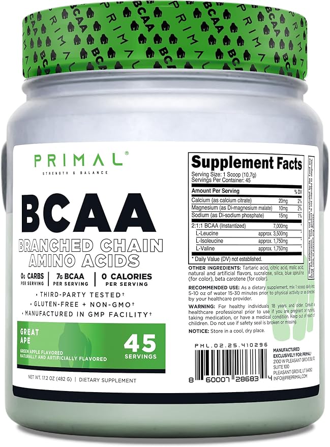 Primal BCAA Powder Great Ape (45 SERV) (Green Apple Flavored) - 0 g Carbs 0 Calories 7g BCAA Per Serving