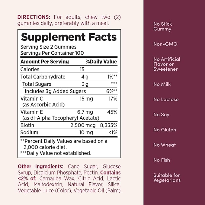 Nature's Bounty Optimal Solutions Hair Skin and Nails Pectin Gummies 2500 mcg Biotin Per Serving No Stick Gummy Vegetarian Formula Strawberry Flavor 200 Count 100 Total Servings (Pack of 2)