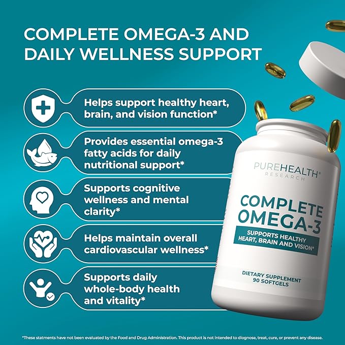 PUREHEALTH RESEARCH Complete Omega 3 Fish Oil Softgels - Omega-3 Fatty Acid Supplements for Women &amp Men - EPA DHA Supplement for Hearth Brain &amp Vision Support - Non-GMO- 90 Soft Gels