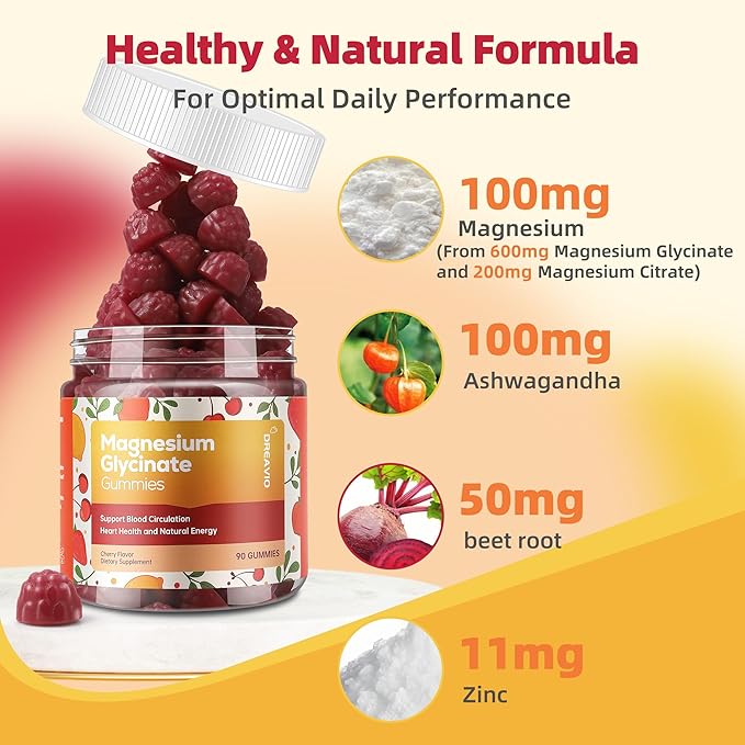 DREAVIO 90 Count Magnesium Glycinate Gummies w/Ashwagandha Supplement - Sugar Free Zinc Magnesium Glycinate Supplement Ashwagandha Gummies for Adults