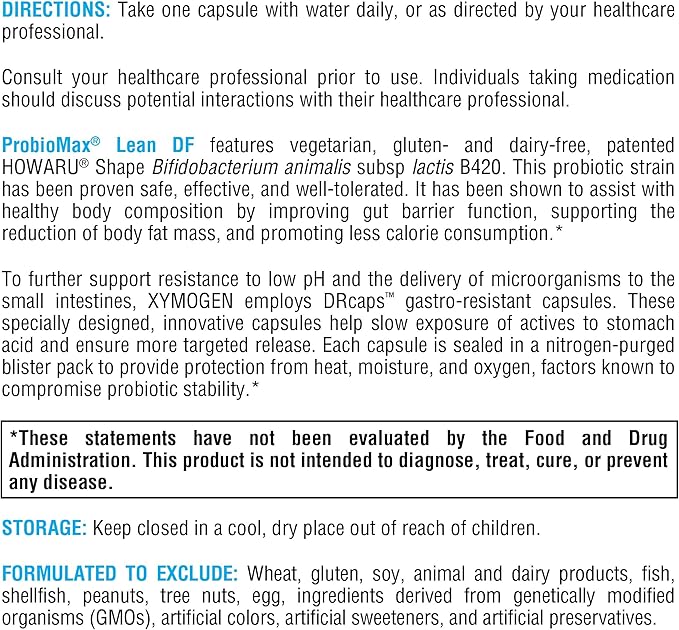 XYMOGEN ProbioMax Lean - Probiotic Supplement to Support Gut Barrier Function* - Bifidobacterium animalis subsp lactis B420 - Vegetarian Non-GMO &amp Gluten-Free - 30 Capsules