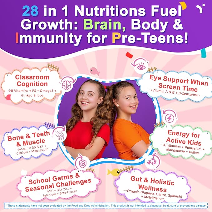 Multivitamin Filled Gummies for Teen Boys Girls 12-17 18 19 Kids 10+ Multivitamin with Omega 3 Calcium + Magnesium + Zinc Multi-Minerals for Adolescent 10-19S Brain Bone Energy Immune 2Pack