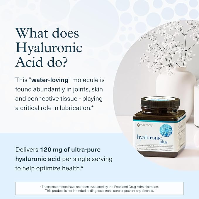 Youtheory Hyaluronic Plus - Hyaluronic Acid Supplement with Ceramides Vitamin C Biotin &amp More - Supports Healthy Skin* - 60 Vegetarian Capsules