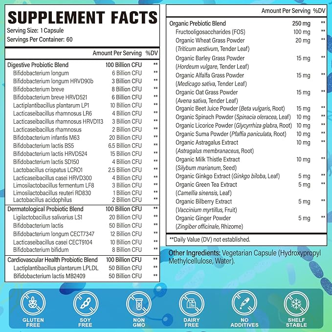 Probiotics for Women and Men 300 Billion CFU 24 Strains Probiotics with 15 Organic Herbs probiotics Blend Probiotic Supplement for Digestive Gut Immune &amp Whole-Body Health -6 Month Supply