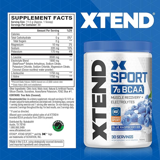 XTEND Sport BCAA Powder Blue Raspberry Ice - Electrolyte Powder for Recovery &amp Hydration with Amino Acids - 30 Servings