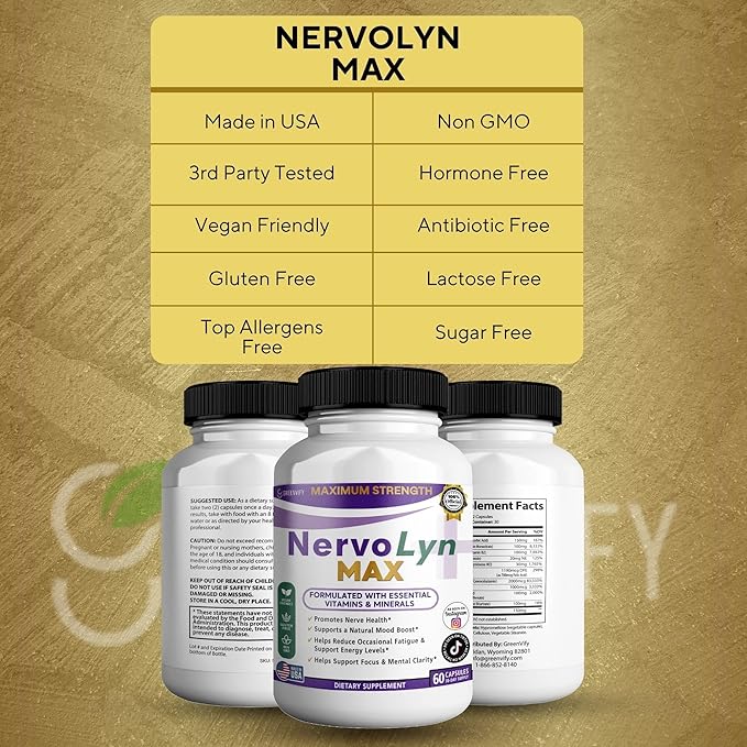 NervoLyn Max Maximum Strength Nerve Support Supplement 60 Capsules with Vitamin B Complex Vegan Gluten Free Non-GMO 30 Day Supply (1)