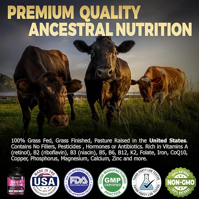 Primal Beef Organ Supplement for Women + 8 Hair Growth Vitamins Queen Blend for Hair Skin and Nails Biotin (10000mcg) Collagen Peptides Beef Liver MD Formulated 4 Beef Organs for Women 150 Caps