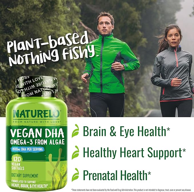 NATURELO Vegan DHA Vegan Omega 3 Supplement 120 Softgels Supports Brain/Heart/Eye Health Complements Prenatal Vitamins Essential Fatty Acids Omega 3 Supplement for Women &amp Men