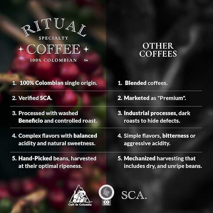Ritual Specialty Coffee - Colombian Single Origin Whole Bean Coffee Low Acid Smooth &amp Rich SCA 84+ Score (Caramel Vanilla Cocoa) Medium Roast 12oz (340g) 100% Arabica Castillo Variety.