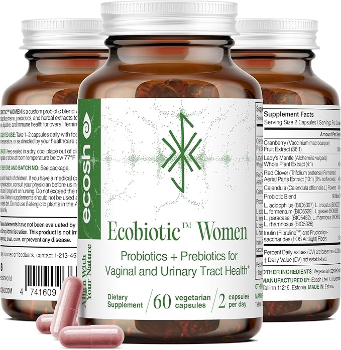 Ecosh Women's Probiotic for PH Balance Urinary Tract &amp Gut Health – Vaginal Probiotics for Women with Prebiotics Lactobacillus Acidophilus &amp Crispatus Natural Cranberry &amp Herbs | 60 Veg