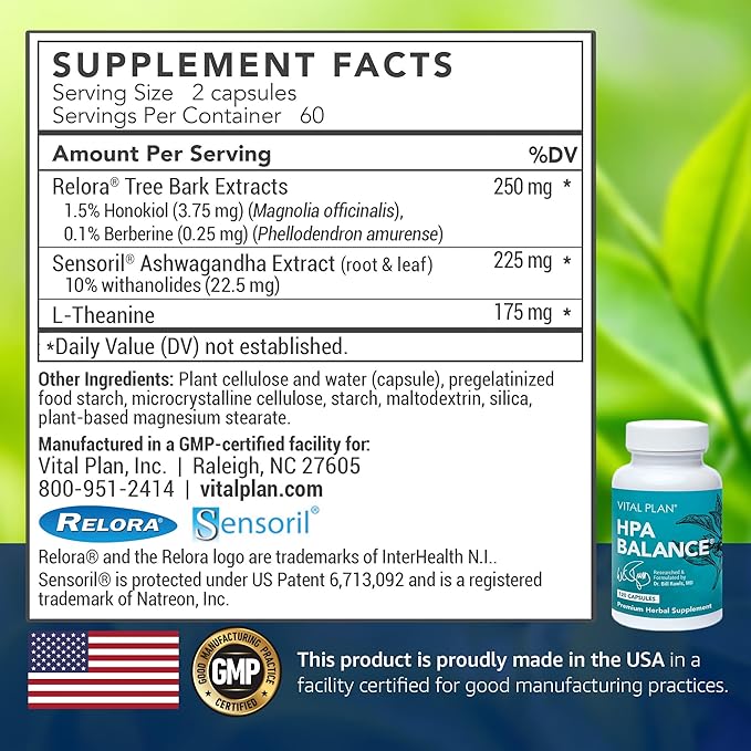 Vital Plan HPA Balance Adrenal Supplement by Dr. Bill Rawls - Adrenal Mood &amp Hormone Support for Women &amp Men w/Sensoril® Ashwagandha Relora &amp L-Theanine