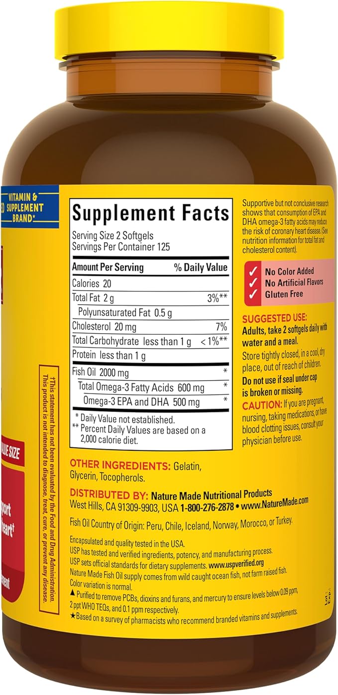 Nature Made Fish Oil Omega 3 Supplements 2000mg Per Serving Softgels Omega 3 Fish Oil for Healthy Heart Support 250 Softgels 125 Day Supply