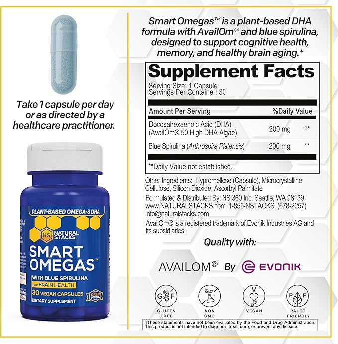 NATURAL STACKS Smart Omegas - Omega 3 Supplement w/ 200mg DHA &amp 200mg Blue Spirulina - Plant Based Algae Oil Omega 3 Supplement - Fish Oil Free Antioxidant Support - 30 Blue Spirulina Capsules