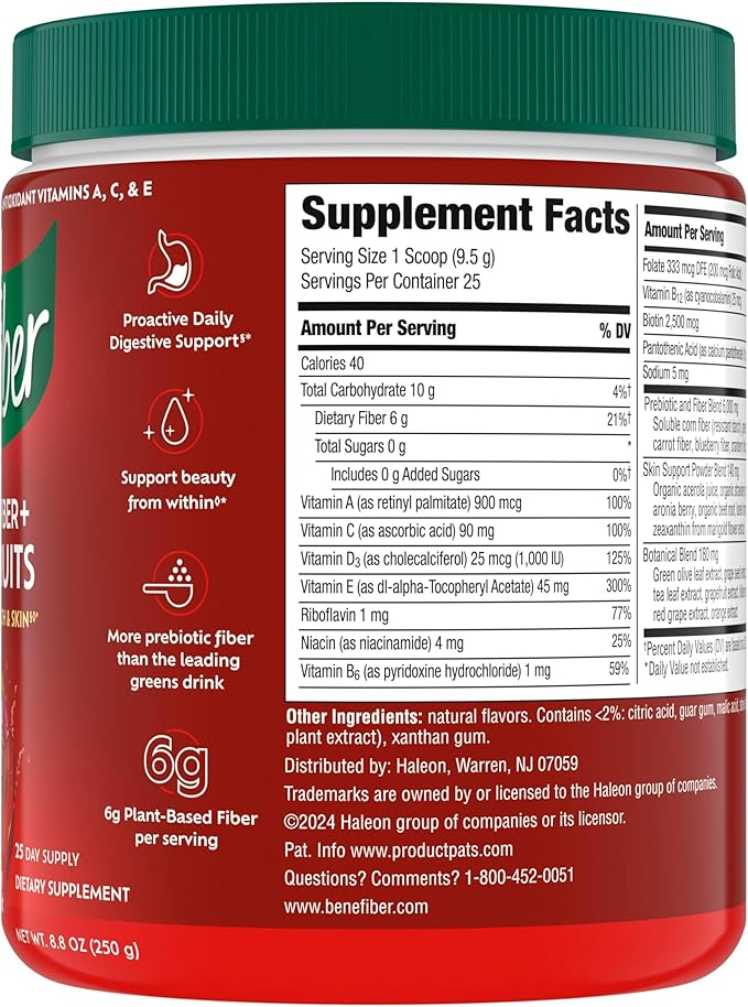 Benefiber Prebiotic GLP-1 Friendly Fiber + Superfruits Dietary Supplement Strawberry Dragon Fruit Flavor 8.8 oz (250g)