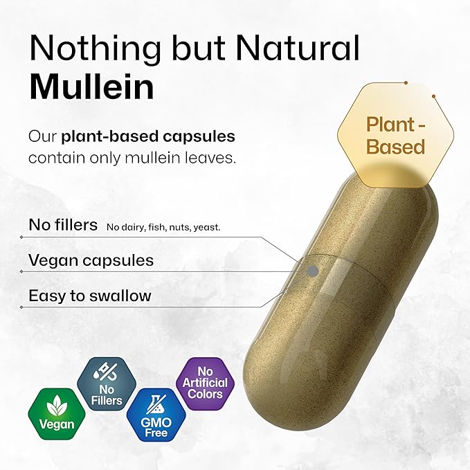 BIO KRAUTER Mullein Capsules 1200 mg 250 Caps - Pure Vegan Mullein Leaf Extract for Lungs - 125 Days of Supply - Lung Cleanse &amp Respiratory Support Supplements - No Fillers Non-GMO