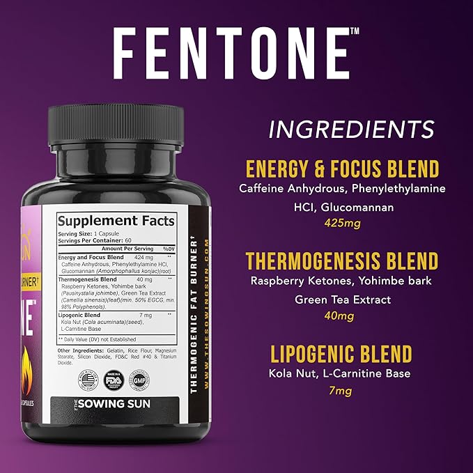 Fentone Thermogenic Fat Burner Energy Booster Appetite Suppressant Clinically Studied Weight Loss Fat Burning Phenylethylamine HCl L- Carnitine Ketones - 60 Diet Pills (1)