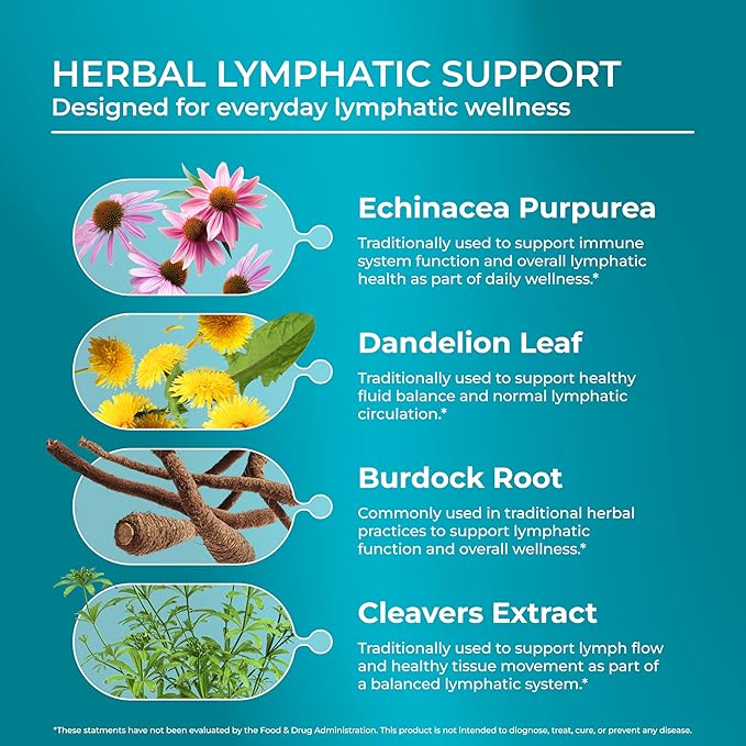 PUREHEALTH RESEARCH Lymph System Support - Lymphatic Drainage Supplement for Women &amp Men - Bromelain Echinacea Dandelion Burdock Root Lemon Powder Kelp Cleavers &amp More - 120 Capsules