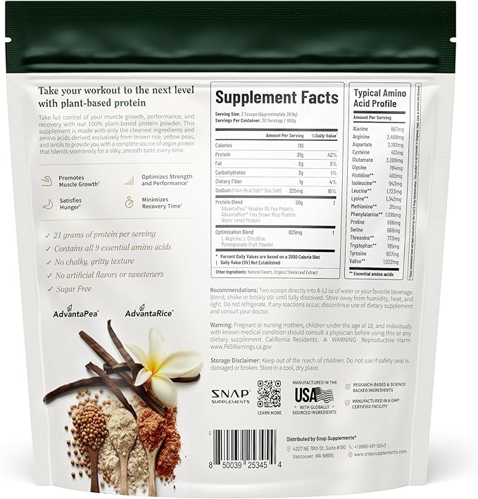 Snap Supplements Organic Plant Based Vegan Protein Powder Nitric Oxide Boosting Protein Powder Vanilla Bean BCAA Amino Acid for Muscle Growth Performance &amp Recovery - 30 Servings (Vanilla)