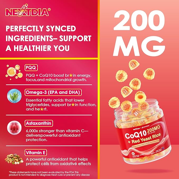 Red Yeast Rice Gummies 600mg &amp CoQ10 200mg for Adult 12-in-1 High Absorption Coenzyme Q10 Supplement Plus Omega 3 PQQ Astaxanthin Methyl B12 Support Brain Energy Immunity Antioxidant 120C