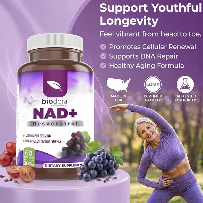 Resveratrol NAD+ 1400mg | Trans-Resveratrol Antioxidant NAD Supplement with NAD | Support Cellular Health Energy &amp Anti Aging (60 Capsules)