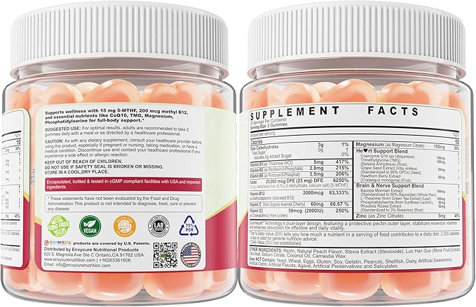 L-Methylfolate 15mg &amp 2000 mcg Methyl B12 Gummies Extra Strength Methylation Support for Women and Men Active 5-MTHF with CoQ10 Magnesium TMG L-Theanine B1 B2 B6 B9 for Cognitive Energy60