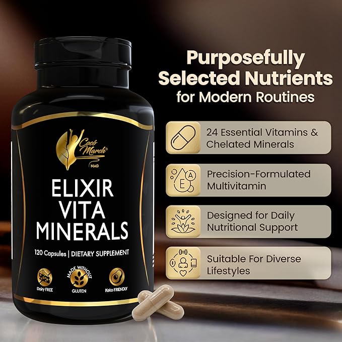 Cocó March N.M.D Elixir Vita Minerals – Multivitamin for Women &amp Men with Trace Minerals Activated B Vitamins &amp High A D E K Gluten Free &amp Dairy Free 24 Essential Vitamins &amp Mineral