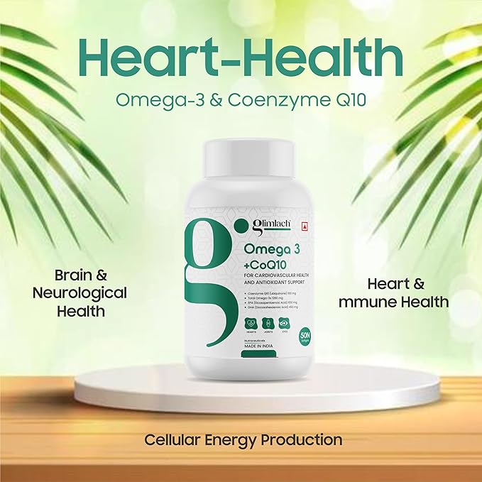GLIMLACH Omega-3 &amp CoQ10 Softgels 1280 mg Omega-3 100 mg CoQ10 Heart Health Cellular Energy Antioxidant Support (Pack of 3 50 Softgel Each Jar)