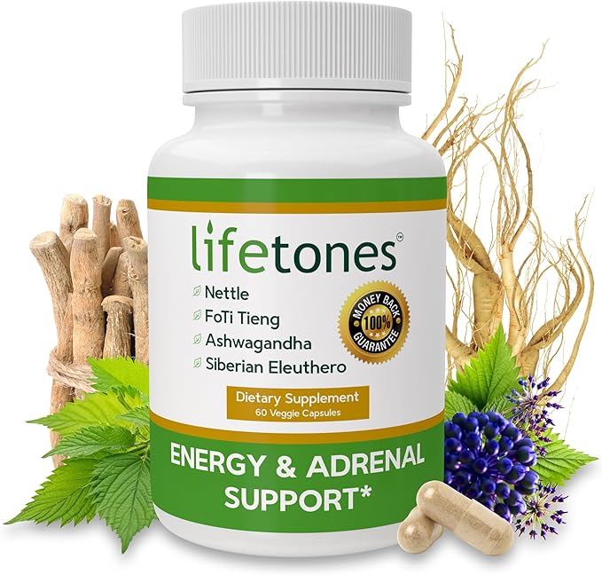 Life Tones Energy &amp Adrenal Support Capsules - Natural Energy Boost Stress Relief and Adrenal Health Formula - 60 Vegan Vitamins