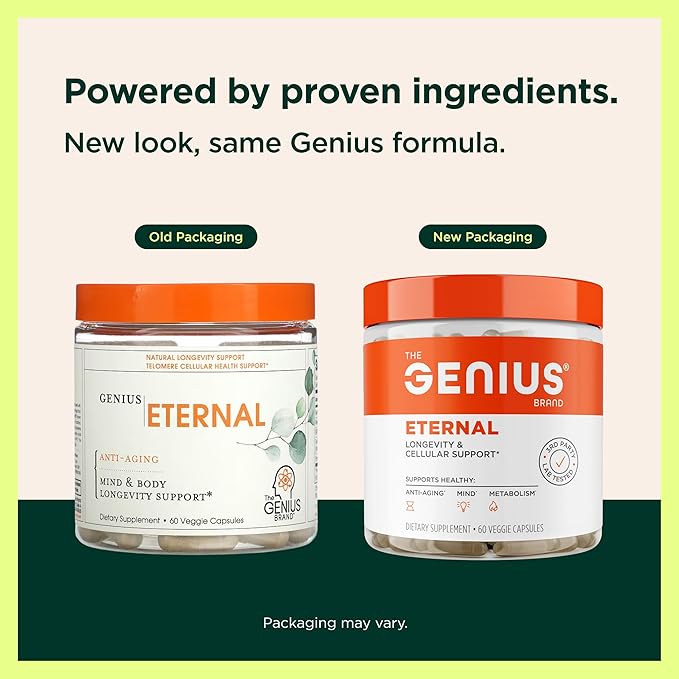 The Genius Brand Genius Eternal - Cellular Repair Supplement for Daily Clarity - Supports Brain Health Endurance Energy Focus Memory &amp Vitality - Non-GMO - 60 Veggie Capsules