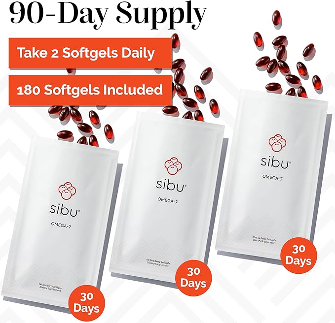 sibu Sea Buckthorn Omega-7 Softgels (90-Day Refill Sachet) – Supplement for Healthy Skin Hair Nails and Dryness
