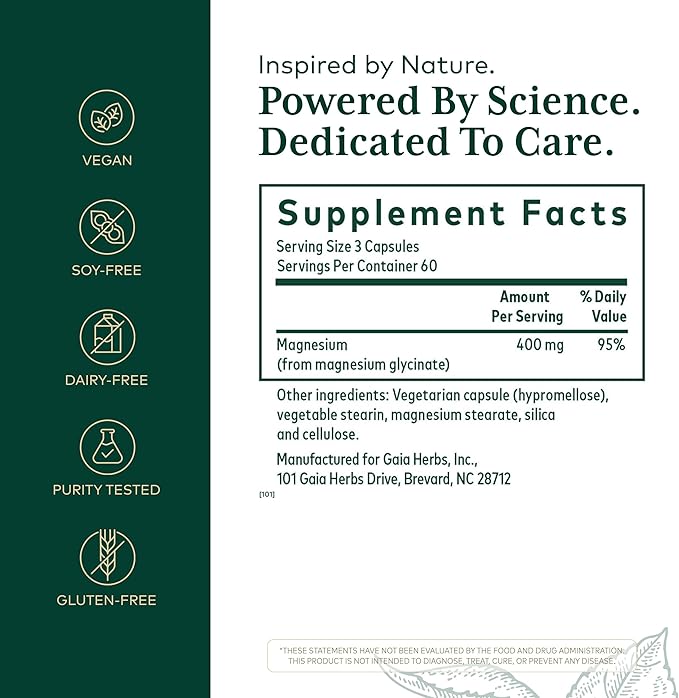 Gaia Herbs PRO Magnesium Glycinate 400mg - Highly Absorbable Supplement Supports Relaxation - Energy Support Supplement with Magnesium Glycinate* - Vegan Gluten-Free - 180 Capsules (60 Servings)