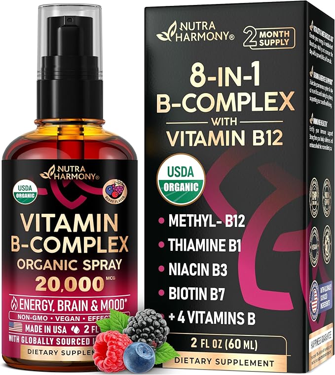 USDA Organic Vitamin B-Complex Liquid Spray 8-in-1 - B5 Pantothenic Acid | B12 Methylcobalamin | B1 Thiamine | B6 Pyridoxine | B7 Biotin | B9 Folic | B3 Niacinamide - Made in USA Supplement 2fl oz